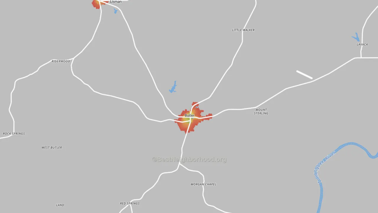 Walk Grade map of 36904, AL, walkable areas in green and car-dependent areas in red