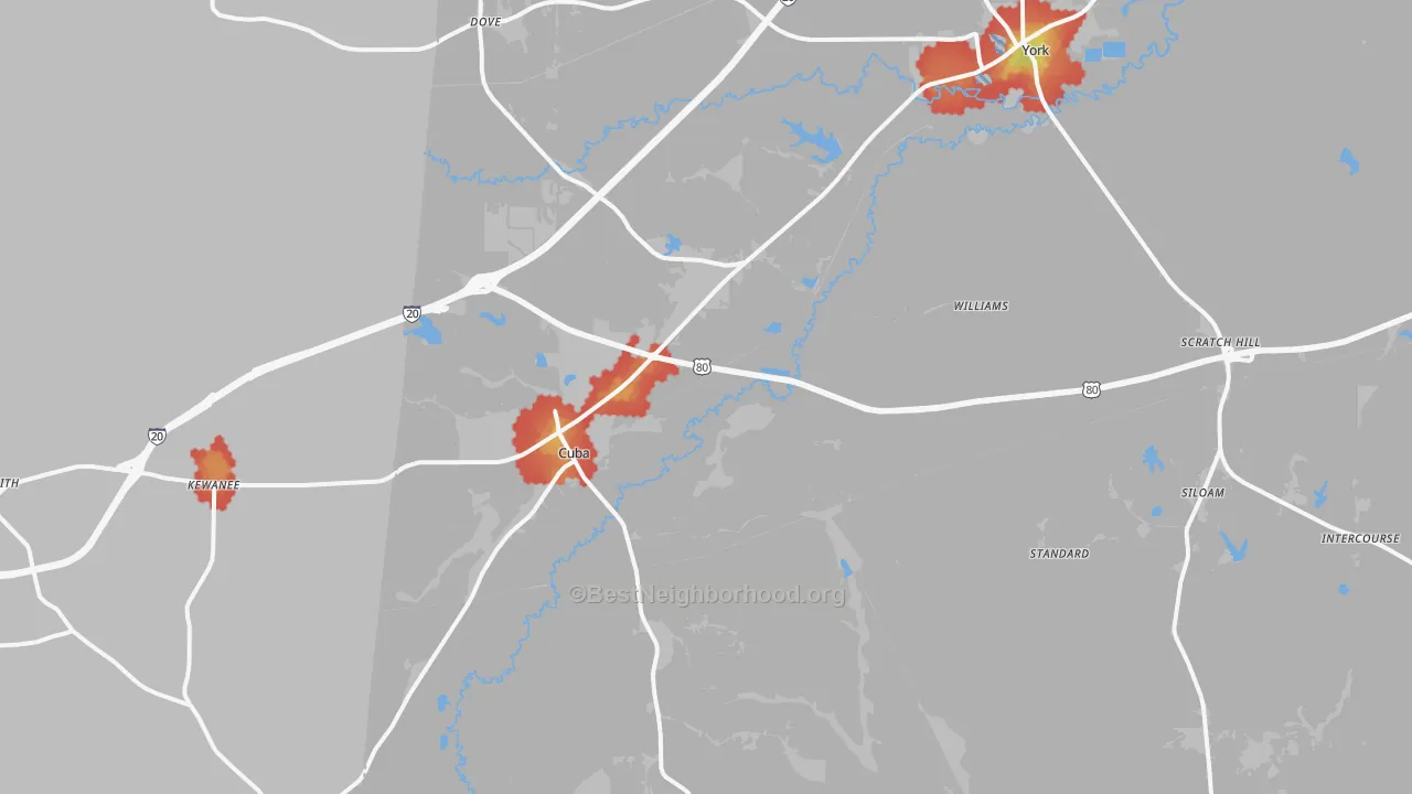 Walk Grade map of 36907, AL, walkable areas in green and car-dependent areas in red