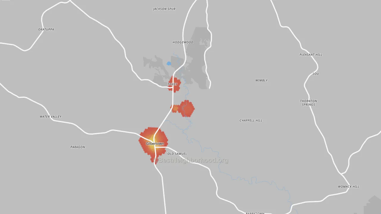 Walk Grade map of 36908, AL, walkable areas in green and car-dependent areas in red