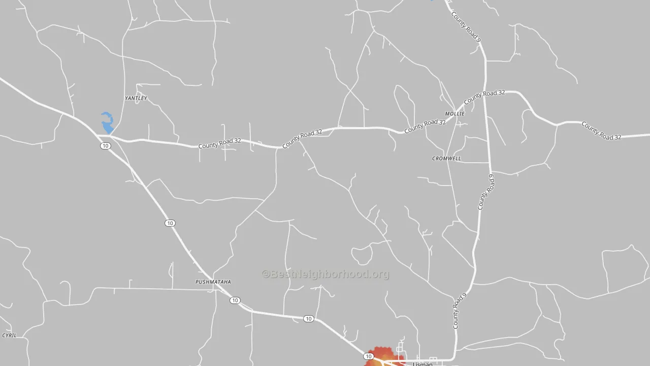 Walk Grade map of 36912, AL, walkable areas in green and car-dependent areas in red