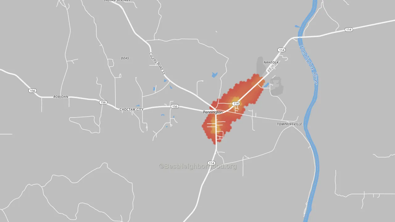 Walk Grade map of 36916, AL, walkable areas in green and car-dependent areas in red