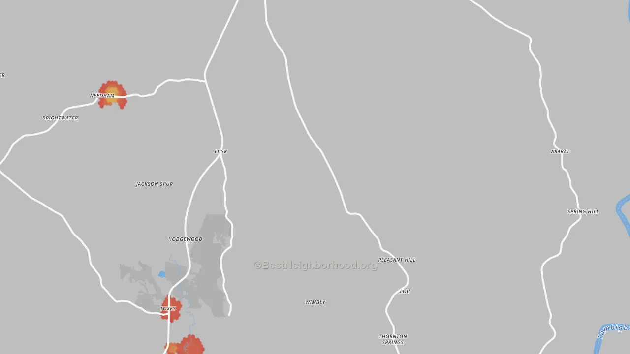 Walk Grade map of 36921, AL, walkable areas in green and car-dependent areas in red