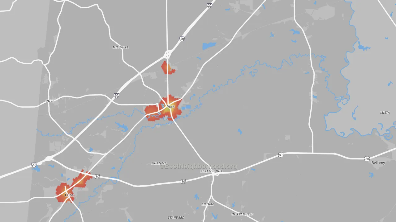 Walk Grade map of 36925, AL, walkable areas in green and car-dependent areas in red
