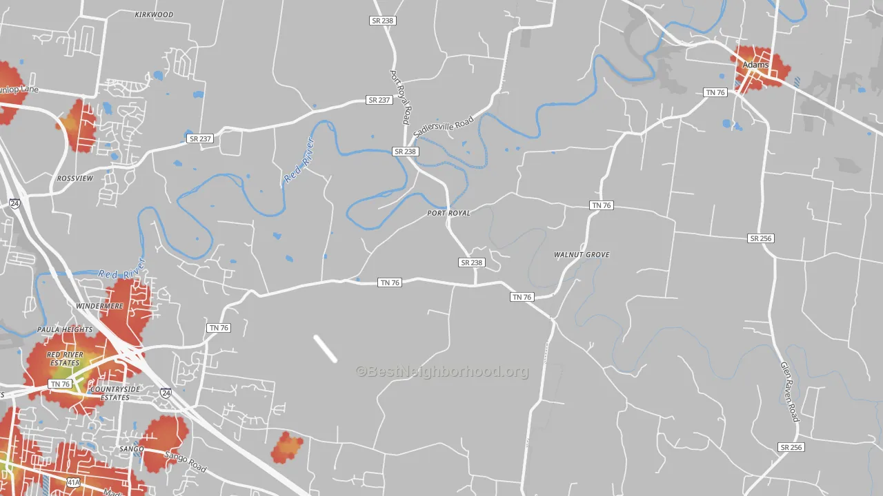 Walk Grade map of 37010, TN, walkable areas in green and car-dependent areas in red