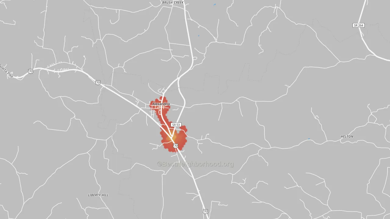 Walk Grade map of 37012, TN, walkable areas in green and car-dependent areas in red