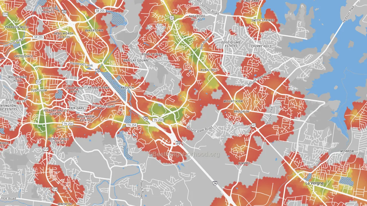 Walk Grade map of 37013, TN, walkable areas in green and car-dependent areas in red