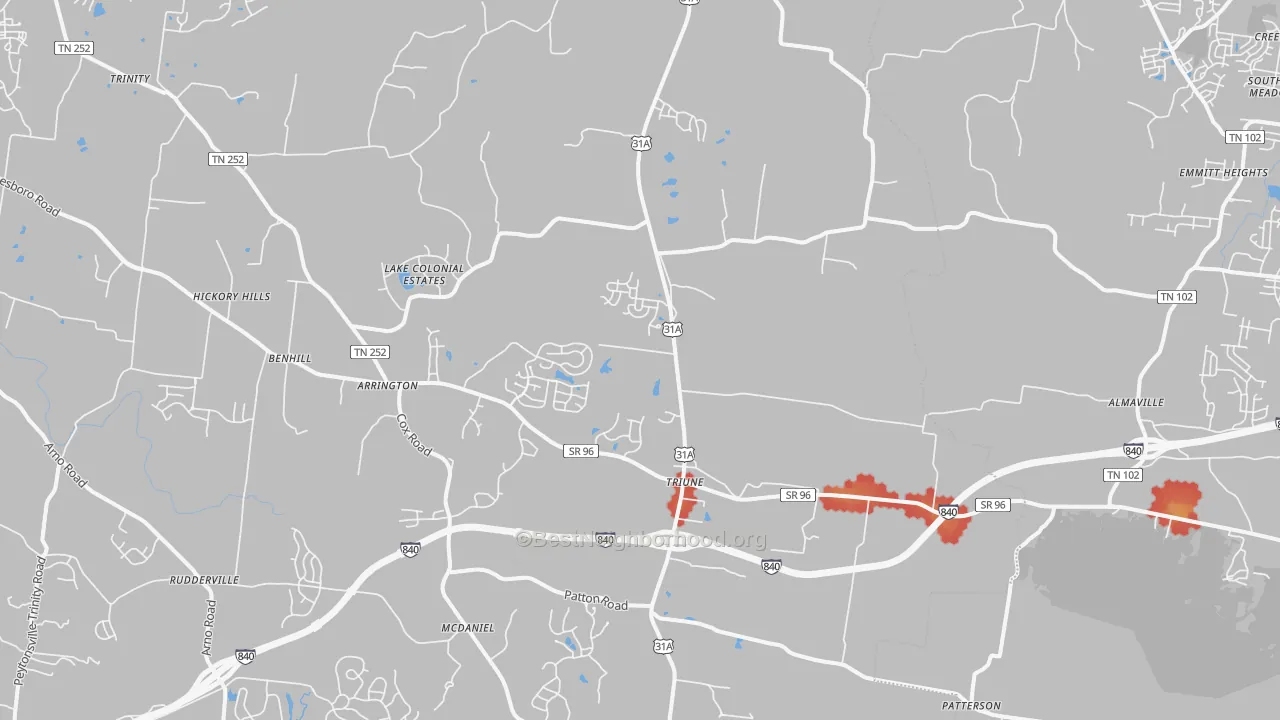 Walk Grade map of 37014, TN, walkable areas in green and car-dependent areas in red