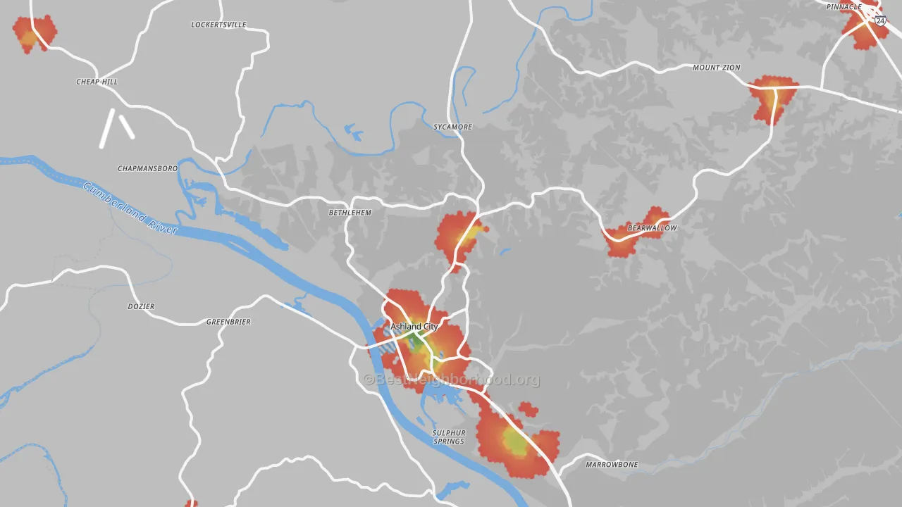 Walk Grade map of 37015, TN, walkable areas in green and car-dependent areas in red