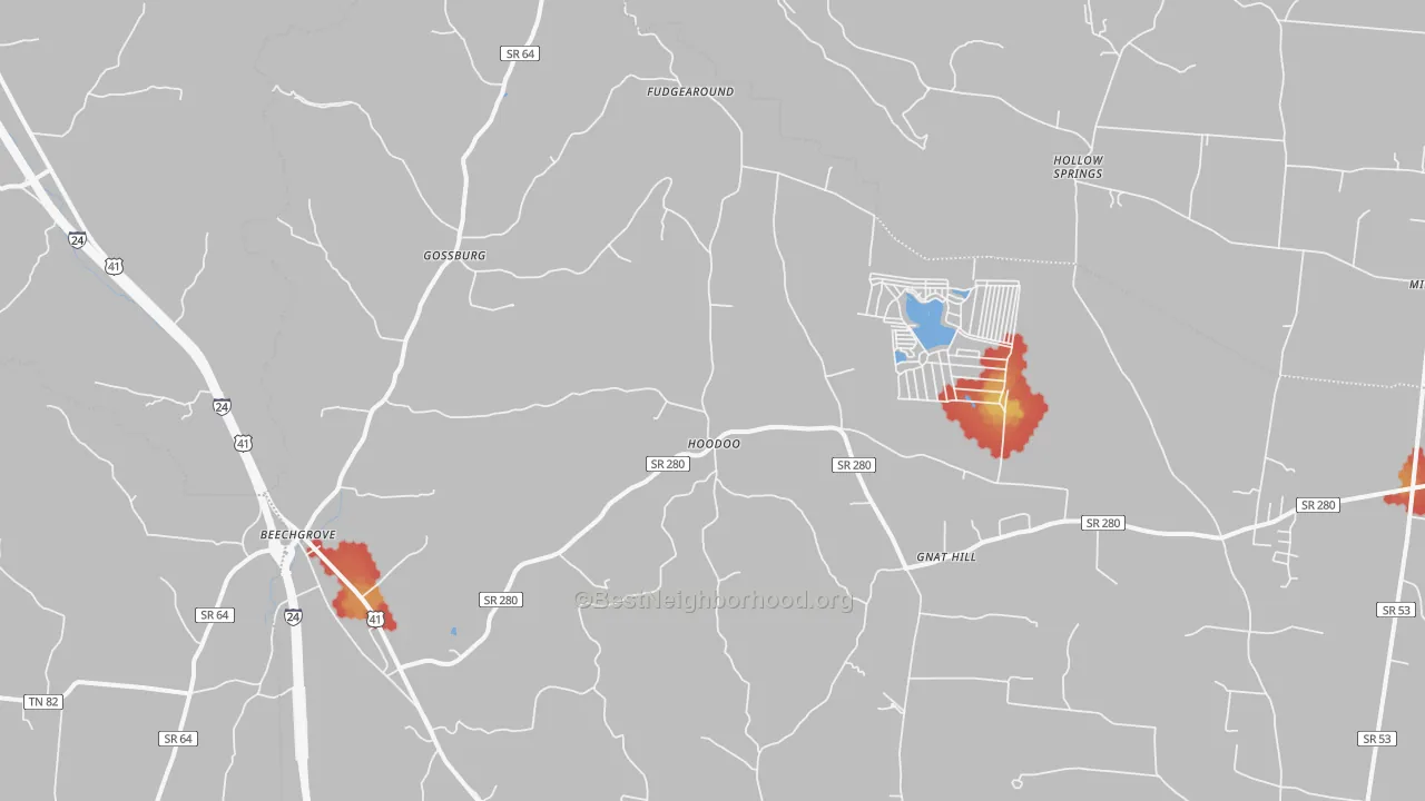 Walk Grade map of 37018, TN, walkable areas in green and car-dependent areas in red