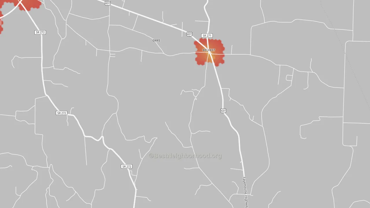 Walk Grade map of 37019, TN, walkable areas in green and car-dependent areas in red