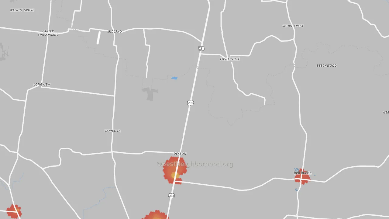 Walk Grade map of 37020, TN, walkable areas in green and car-dependent areas in red