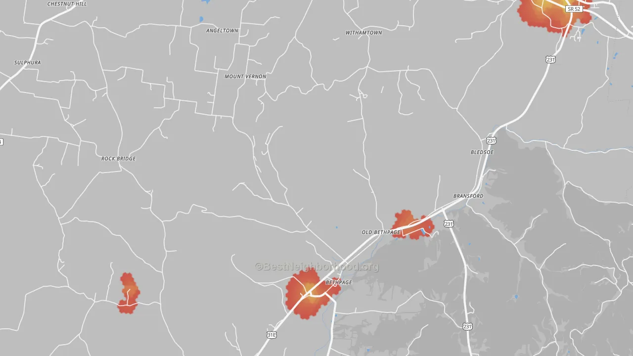 Walk Grade map of 37022, TN, walkable areas in green and car-dependent areas in red