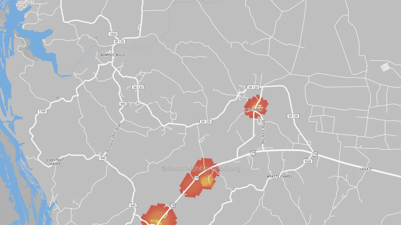 Walk Grade map of 37023, TN, walkable areas in green and car-dependent areas in red