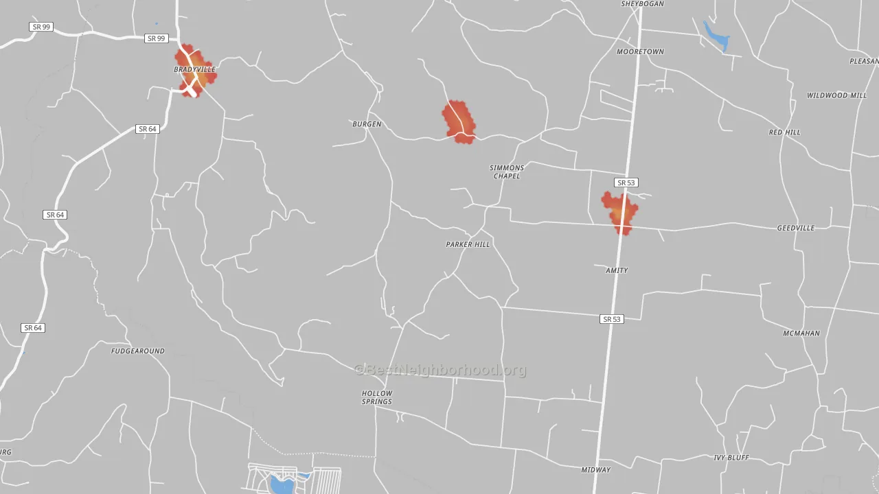 Walk Grade map of 37026, TN, walkable areas in green and car-dependent areas in red