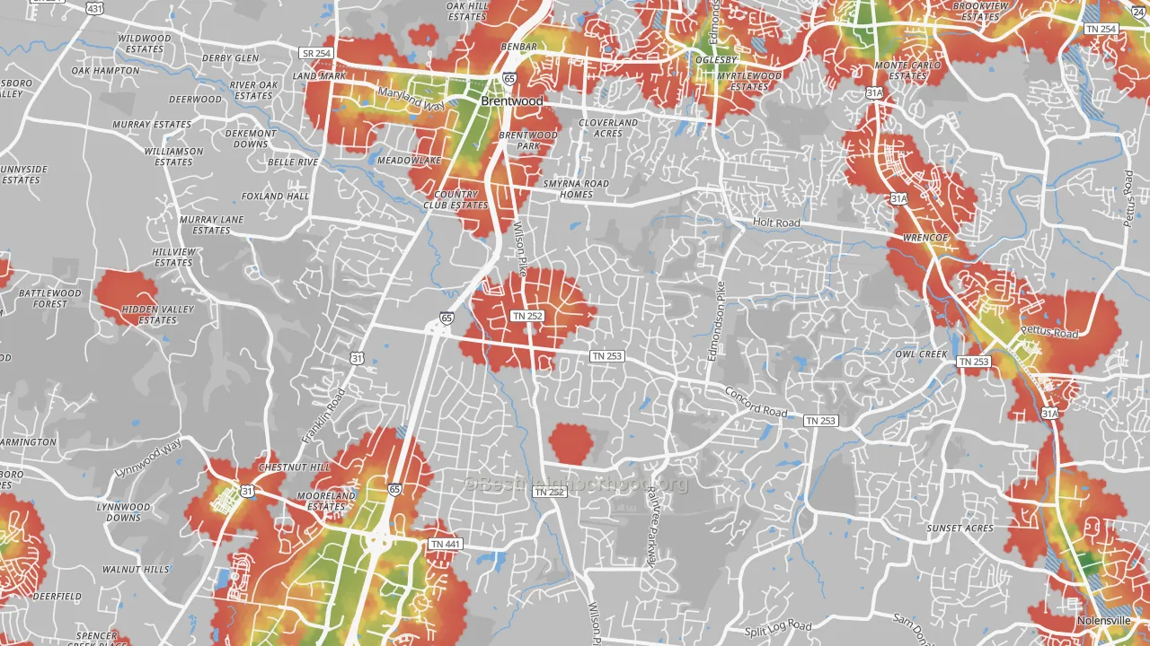 Walk Grade map of 37027, TN, walkable areas in green and car-dependent areas in red