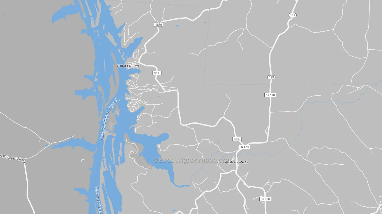 Walk Grade map of 37028, TN, walkable areas in green and car-dependent areas in red