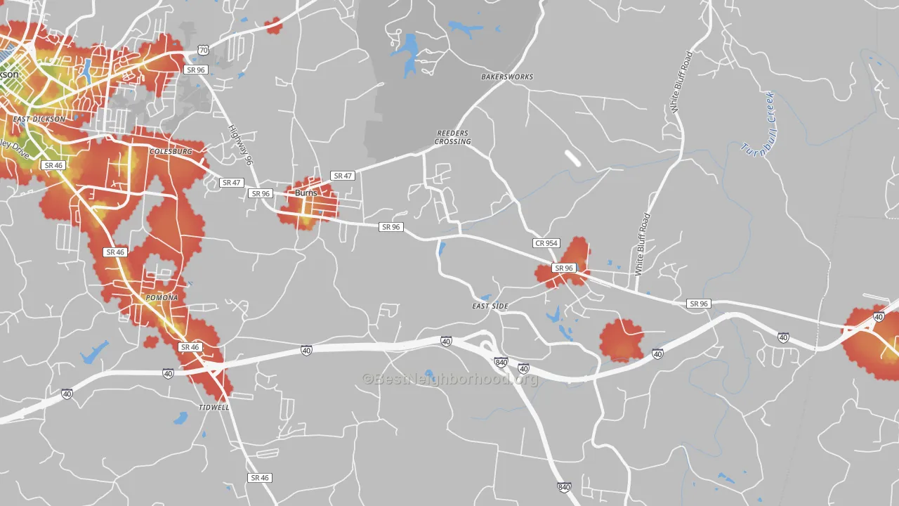 Walk Grade map of 37029, TN, walkable areas in green and car-dependent areas in red