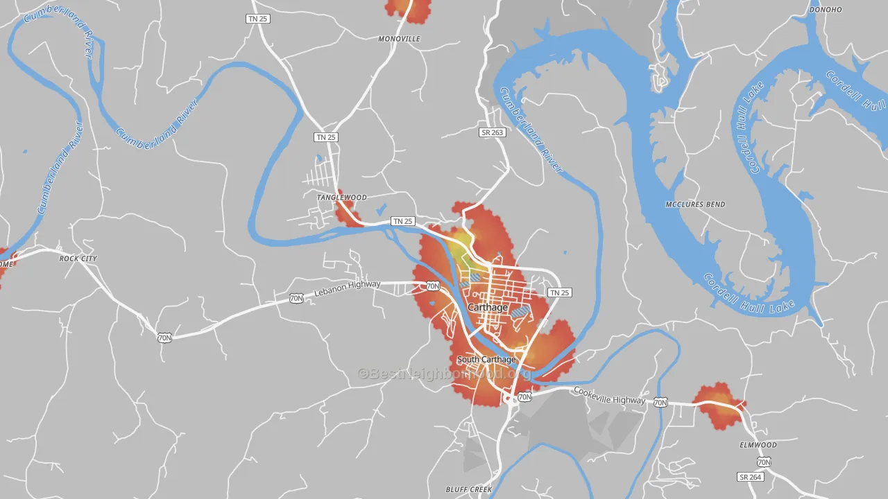 Walk Grade map of 37030, TN, walkable areas in green and car-dependent areas in red