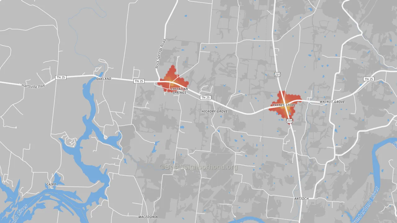 Walk Grade map of 37031, TN, walkable areas in green and car-dependent areas in red