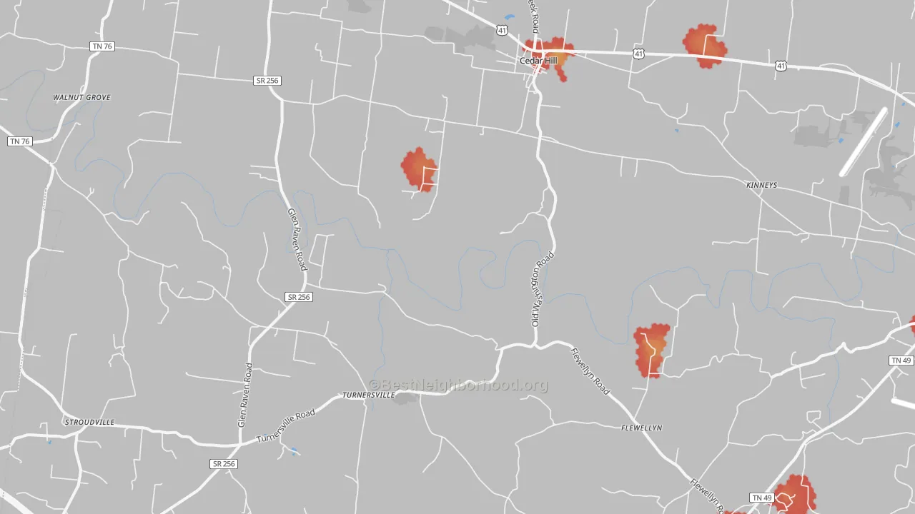 Walk Grade map of 37032, TN, walkable areas in green and car-dependent areas in red