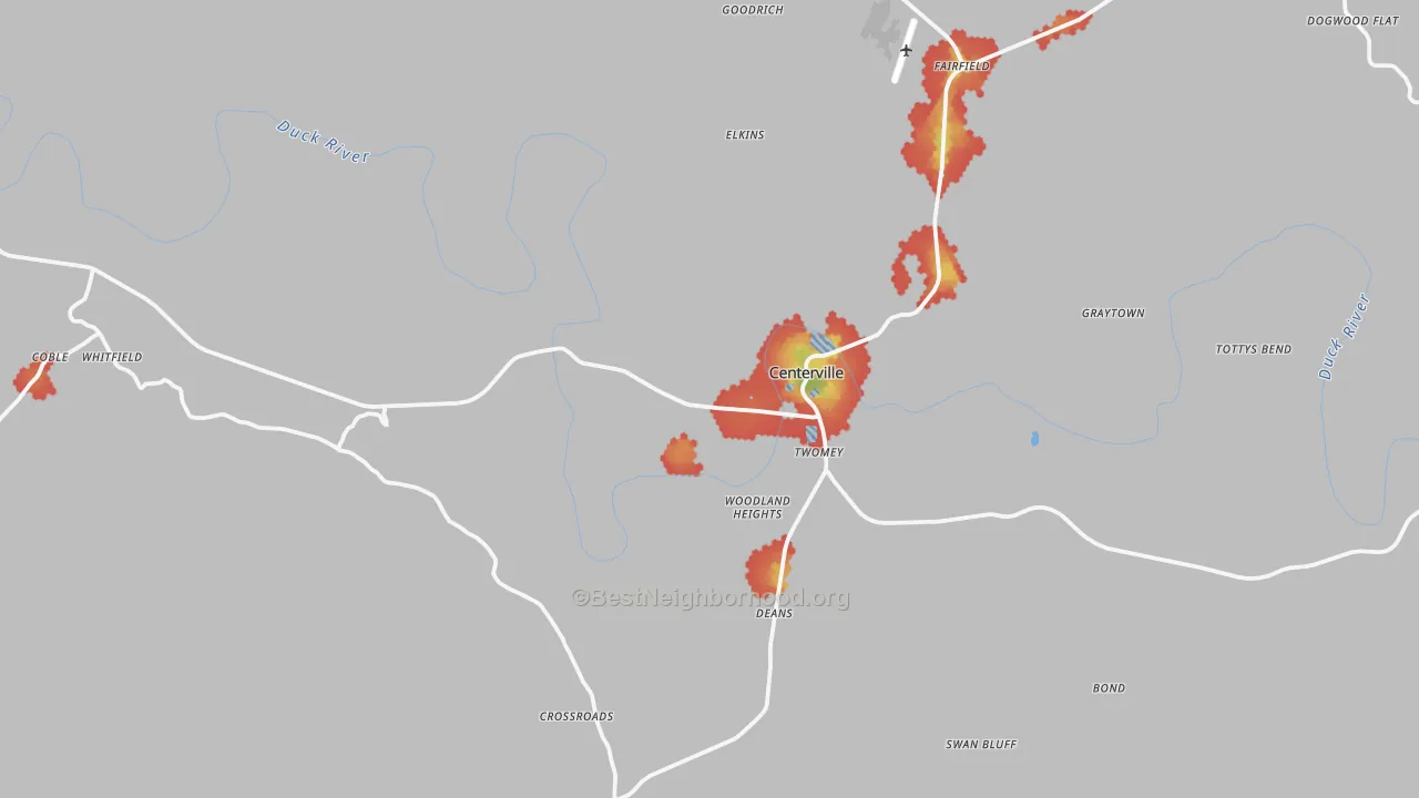 Walk Grade map of 37033, TN, walkable areas in green and car-dependent areas in red