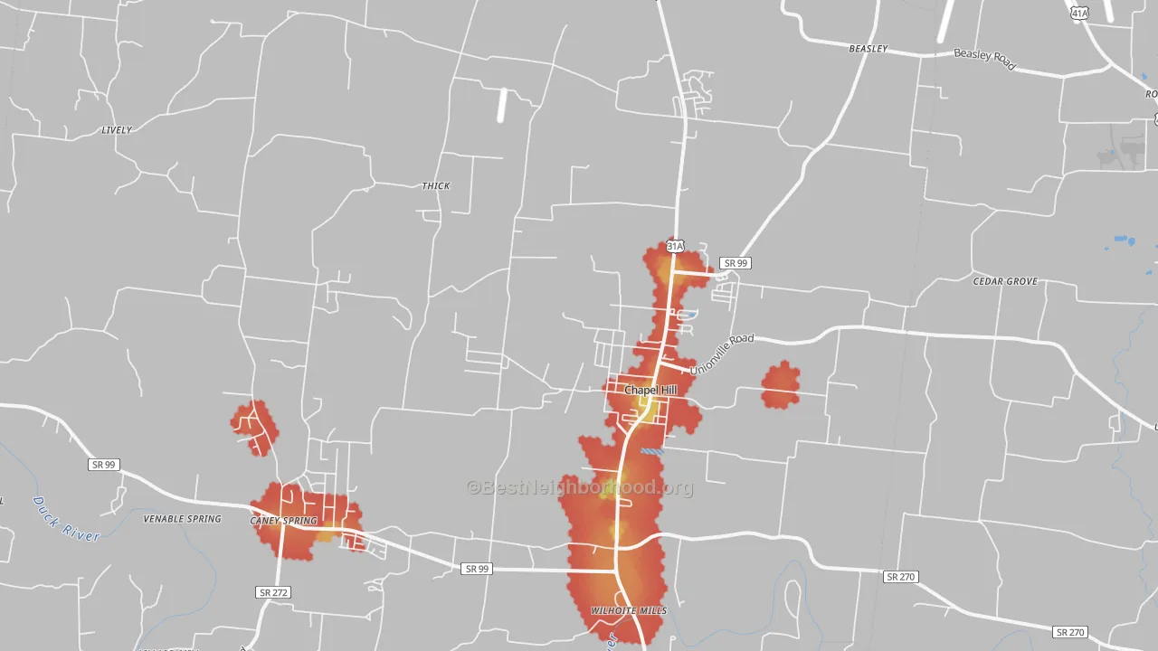 Walk Grade map of 37034, TN, walkable areas in green and car-dependent areas in red