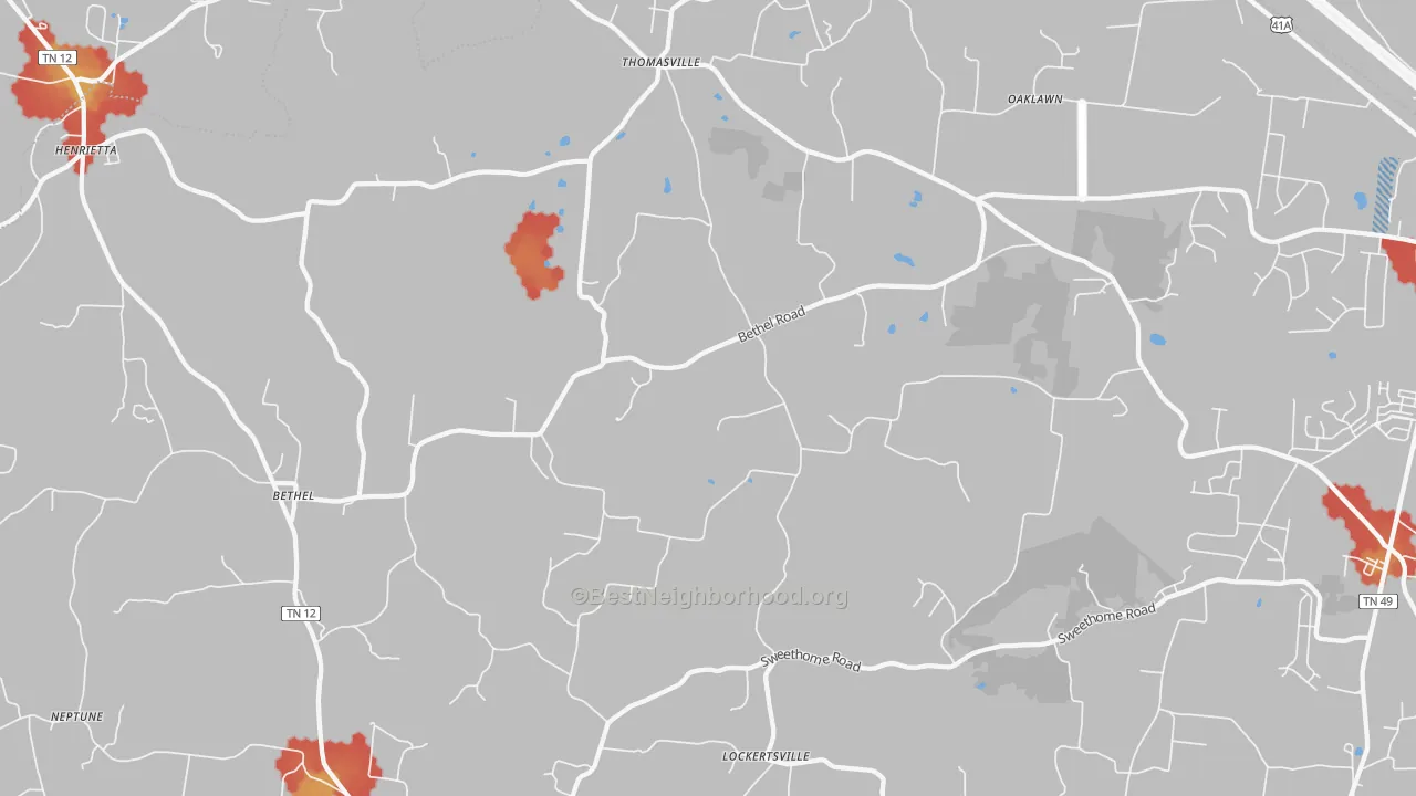 Walk Grade map of 37035, TN, walkable areas in green and car-dependent areas in red