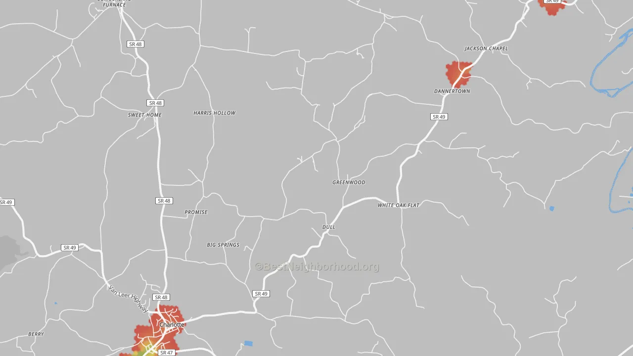Walk Grade map of 37036, TN, walkable areas in green and car-dependent areas in red