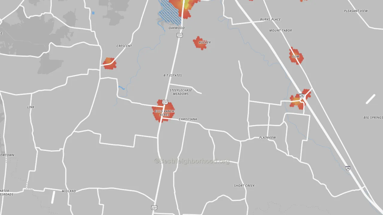 Walk Grade map of 37037, TN, walkable areas in green and car-dependent areas in red