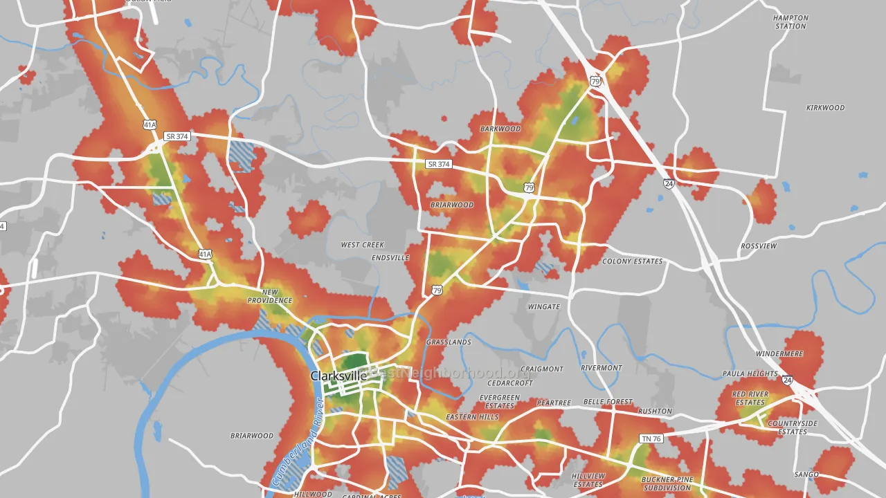 Walk Grade map of 37040, TN, walkable areas in green and car-dependent areas in red