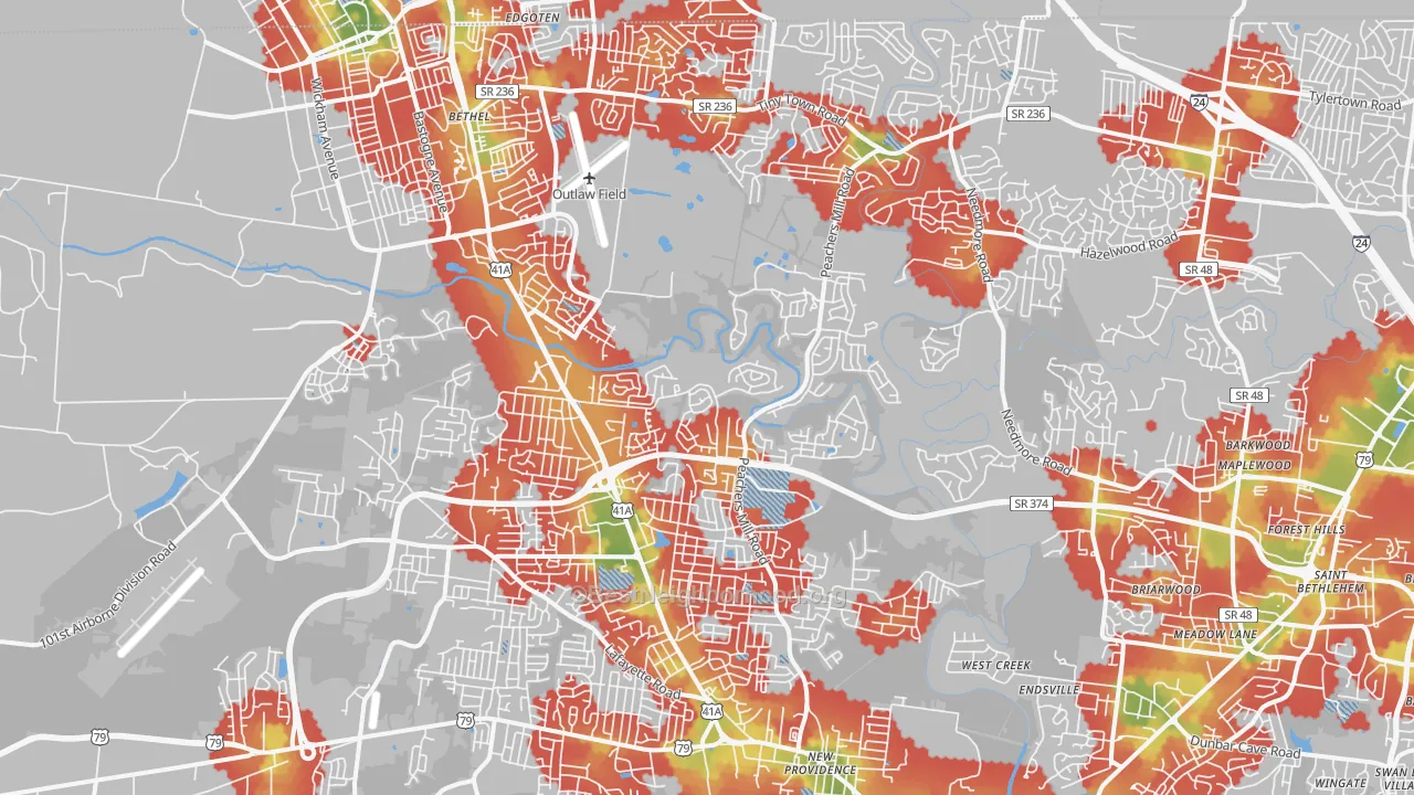 Walk Grade map of 37042, TN, walkable areas in green and car-dependent areas in red