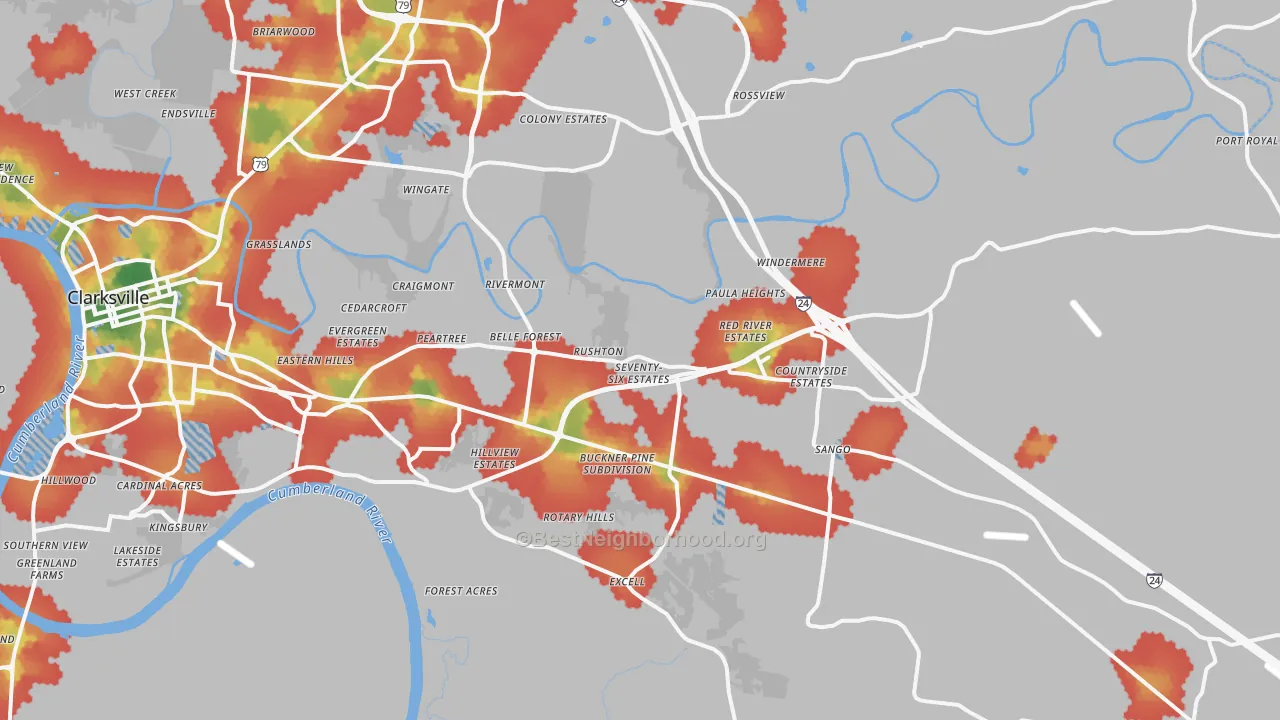 Walk Grade map of 37043, TN, walkable areas in green and car-dependent areas in red