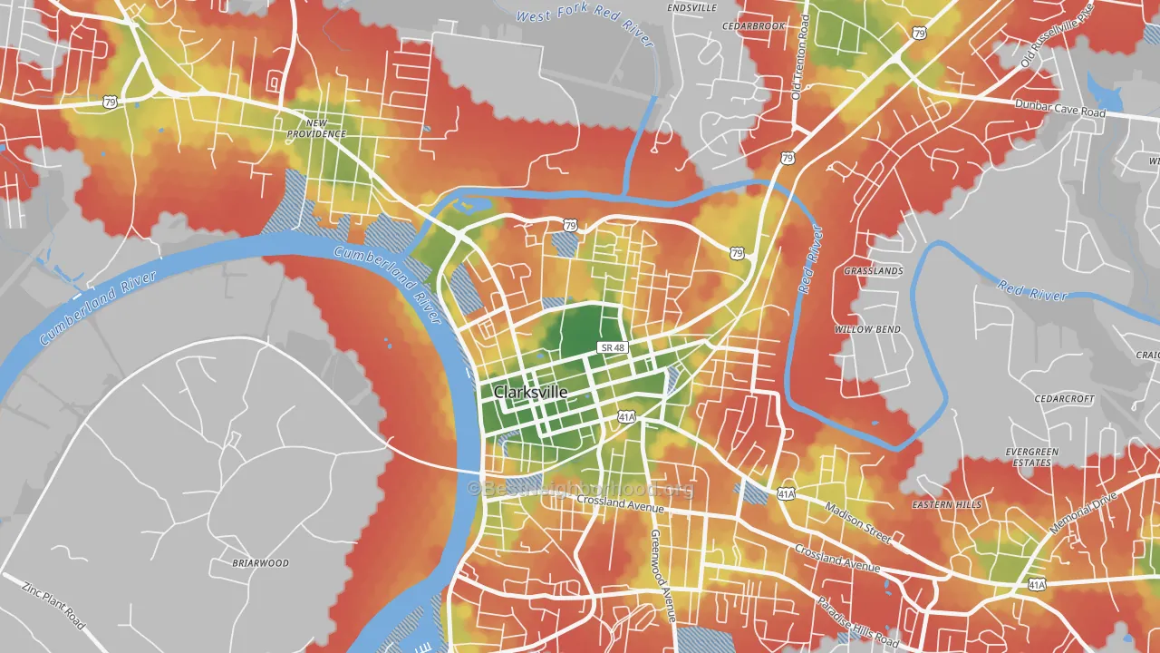 Walk Grade map of 37044, TN, walkable areas in green and car-dependent areas in red