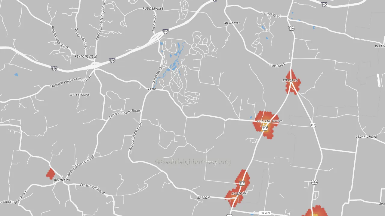 Walk Grade map of 37046, TN, walkable areas in green and car-dependent areas in red