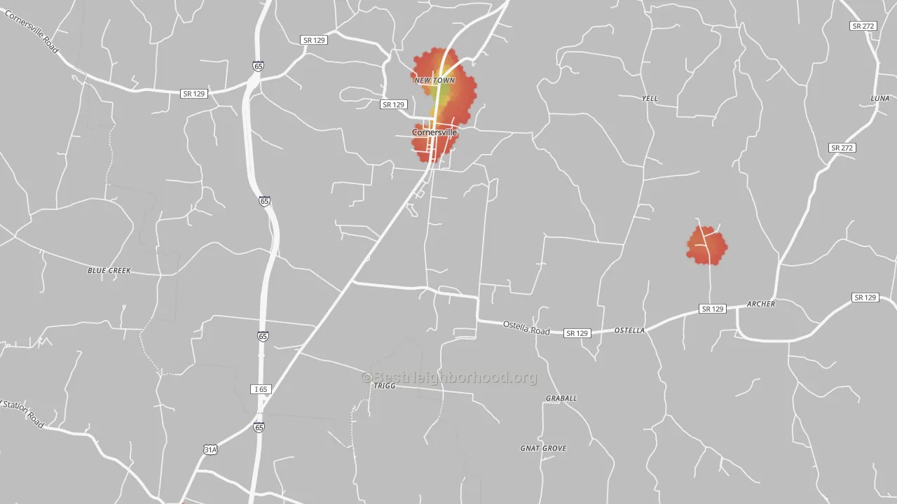 Walk Grade map of 37047, TN, walkable areas in green and car-dependent areas in red