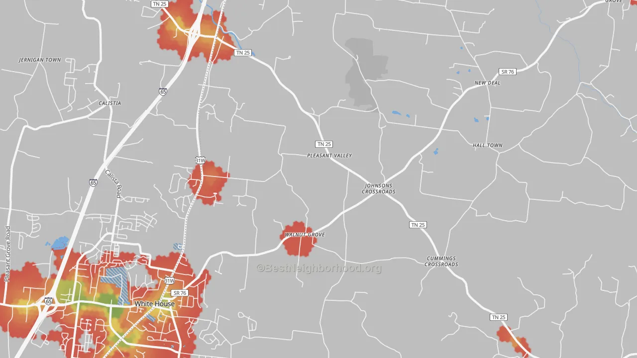 Walk Grade map of 37048, TN, walkable areas in green and car-dependent areas in red
