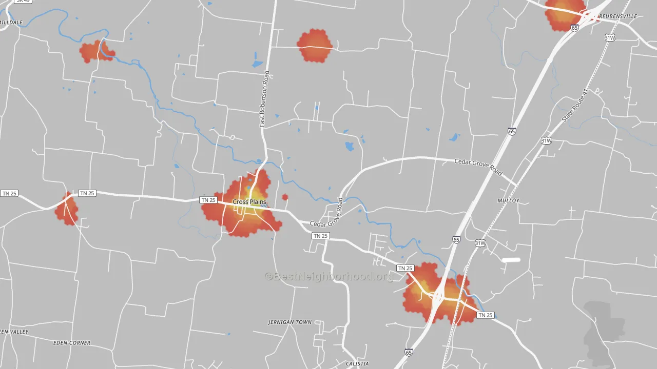 Walk Grade map of 37049, TN, walkable areas in green and car-dependent areas in red