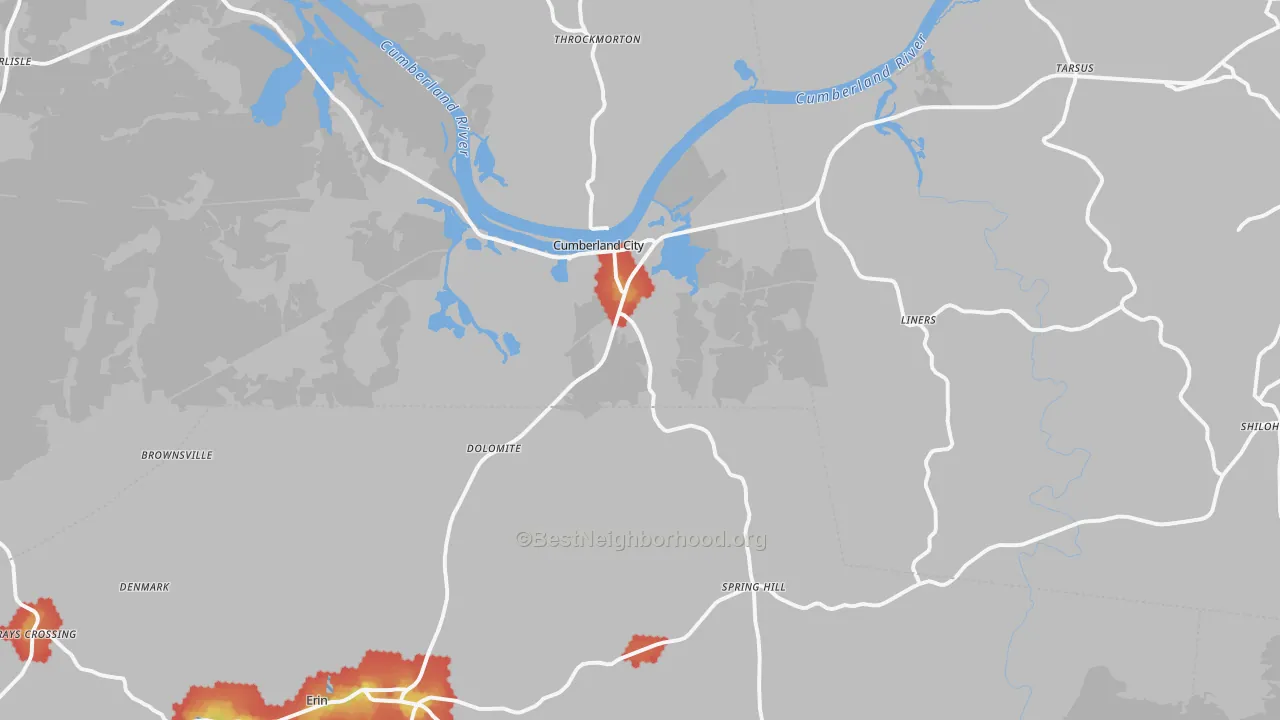 Walk Grade map of 37050, TN, walkable areas in green and car-dependent areas in red