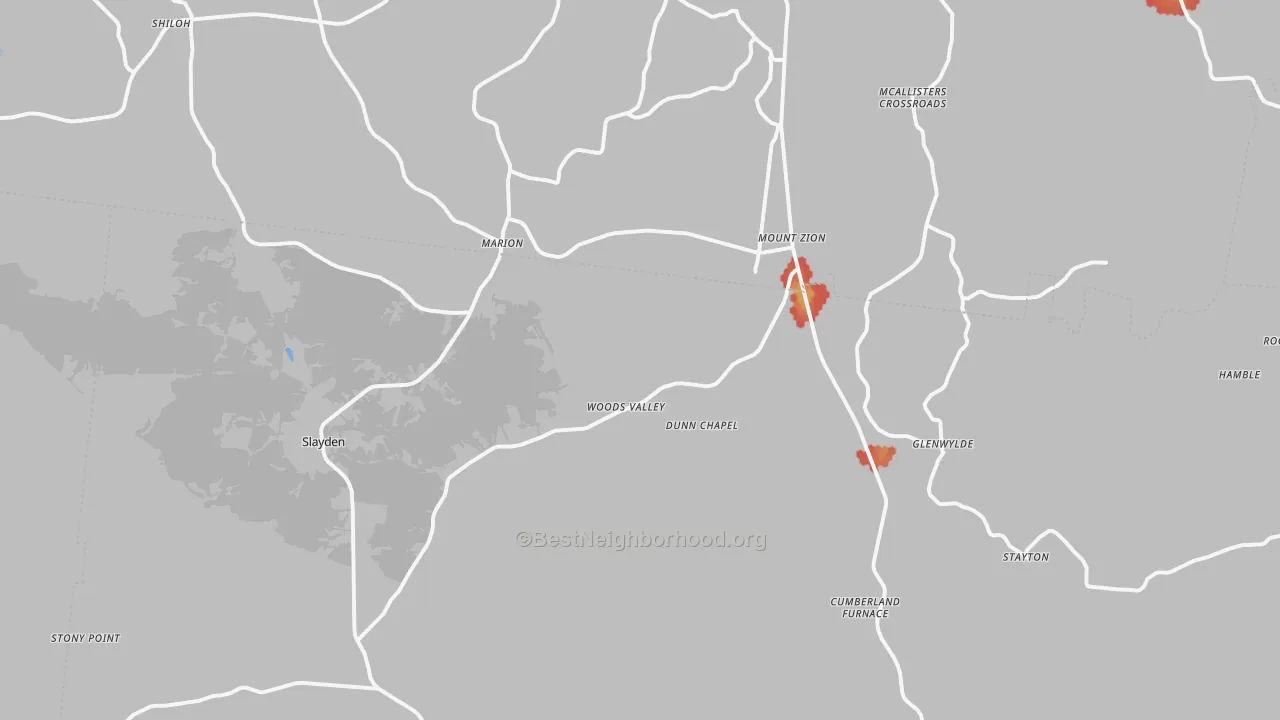 Walk Grade map of 37051, TN, walkable areas in green and car-dependent areas in red