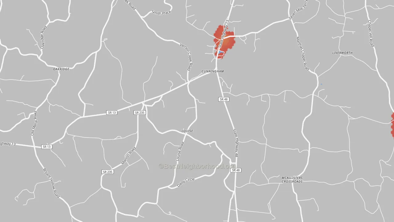 Walk Grade map of 37052, TN, walkable areas in green and car-dependent areas in red
