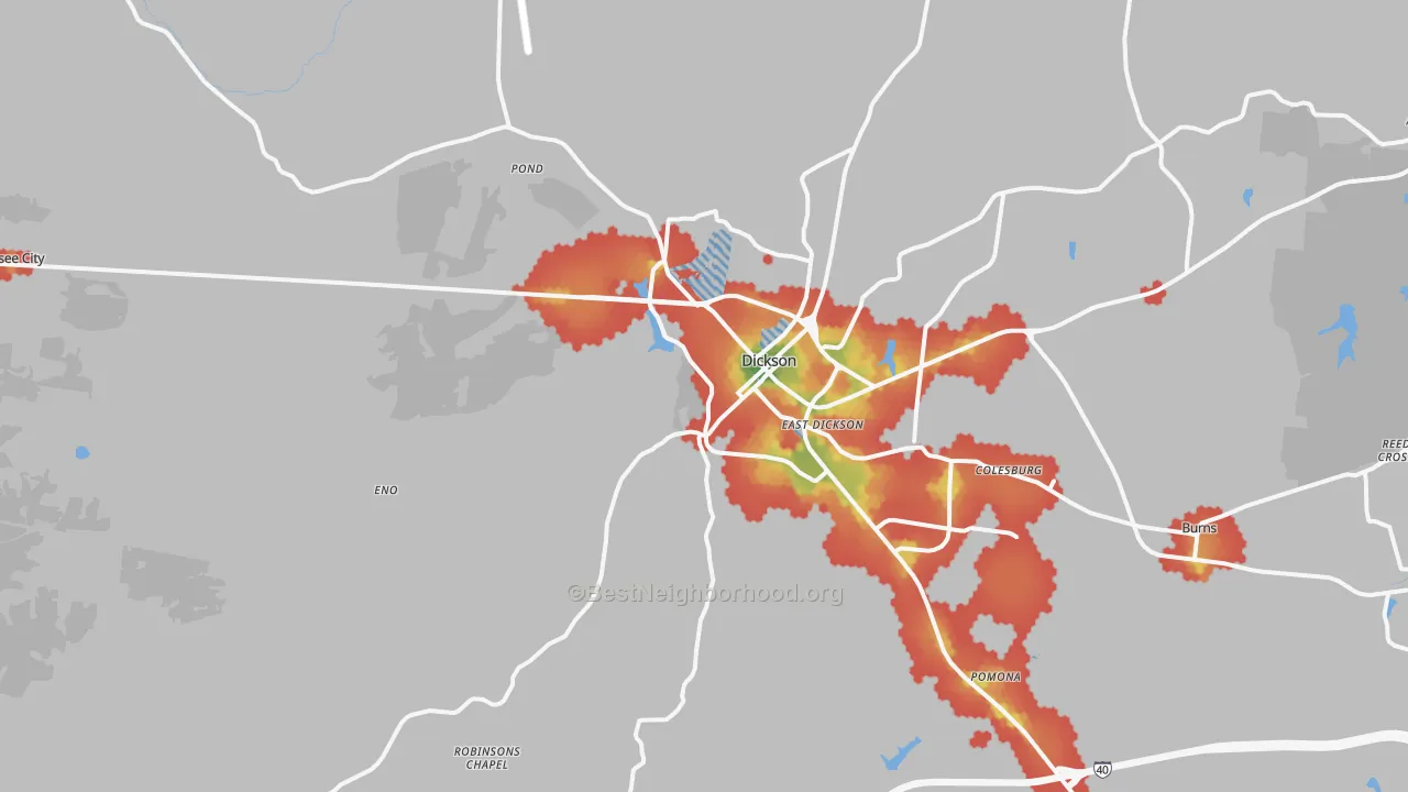 Walk Grade map of 37055, TN, walkable areas in green and car-dependent areas in red