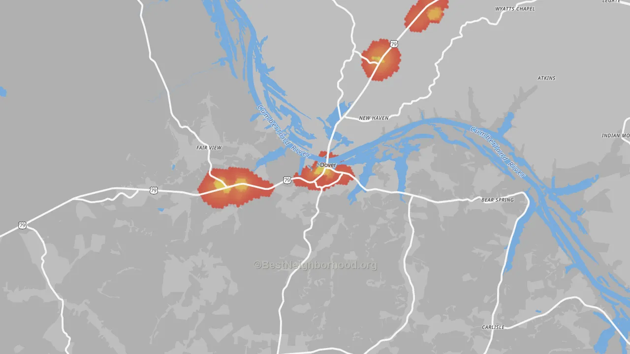 Walk Grade map of 37058, TN, walkable areas in green and car-dependent areas in red