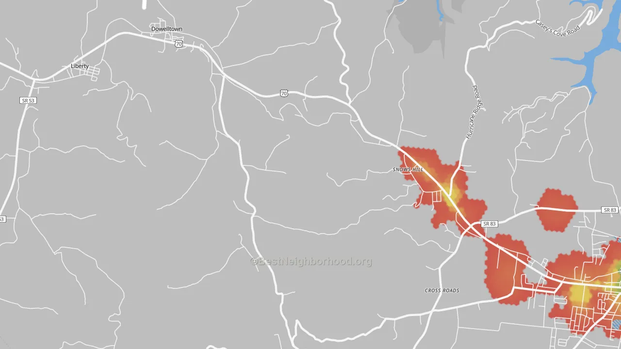 Walk Grade map of 37059, TN, walkable areas in green and car-dependent areas in red