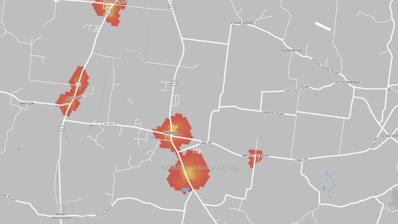 Walk Grade map of 37060, TN, walkable areas in green and car-dependent areas in red