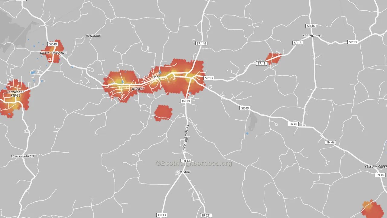 Walk Grade map of 37061, TN, walkable areas in green and car-dependent areas in red