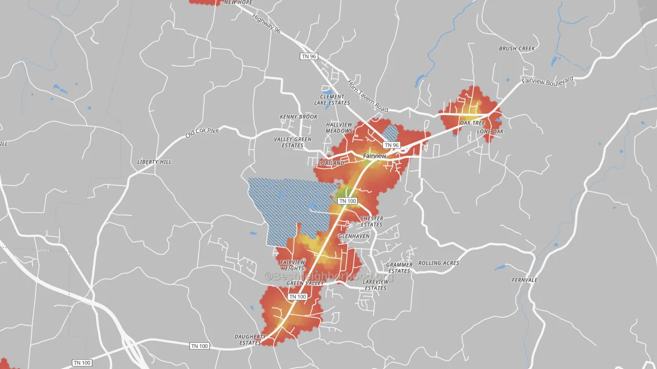 Walk Grade map of 37062, TN, walkable areas in green and car-dependent areas in red