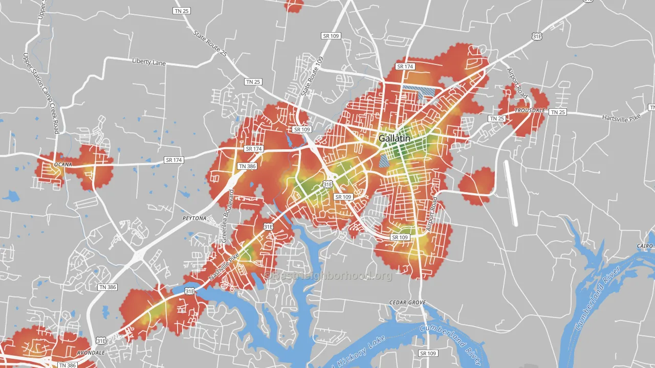 Walk Grade map of 37066, TN, walkable areas in green and car-dependent areas in red