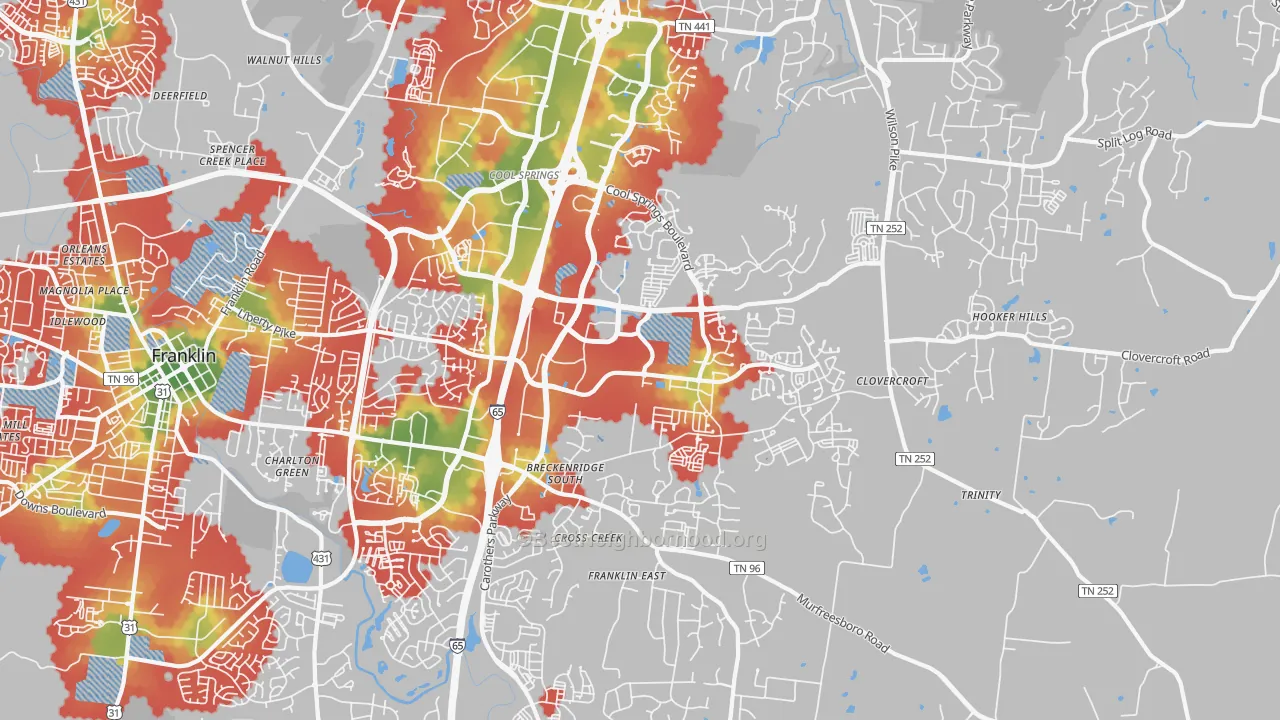 Walk Grade map of 37067, TN, walkable areas in green and car-dependent areas in red