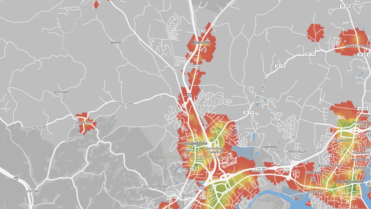 Walk Grade map of 37072, TN, walkable areas in green and car-dependent areas in red
