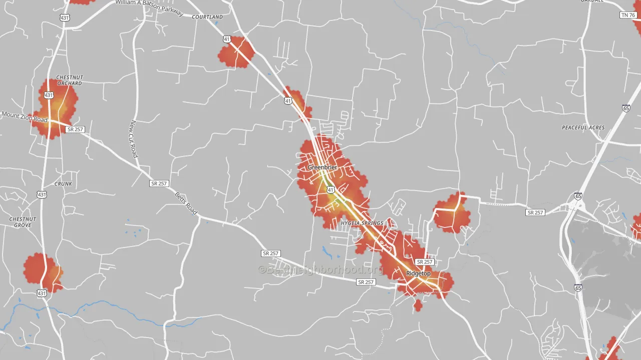 Walk Grade map of 37073, TN, walkable areas in green and car-dependent areas in red